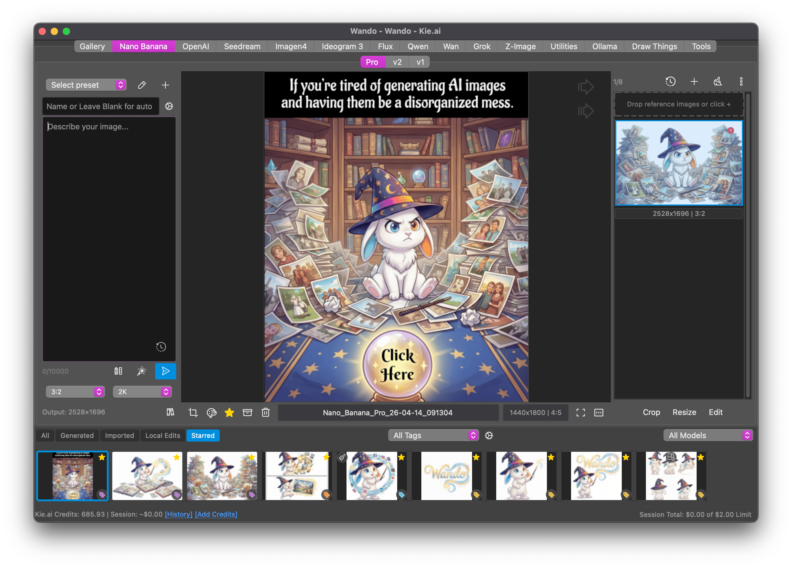 Wando Studio main window showing the AI image workspace