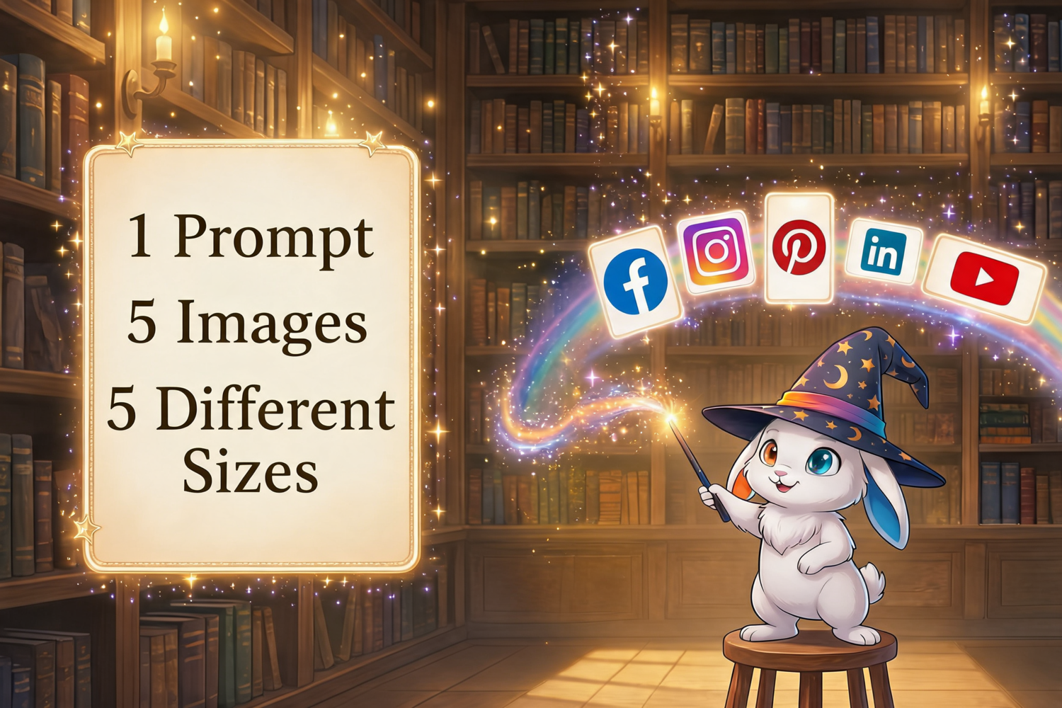 Illustration of Wando's wizard-rabbit making many images at once in a magical library