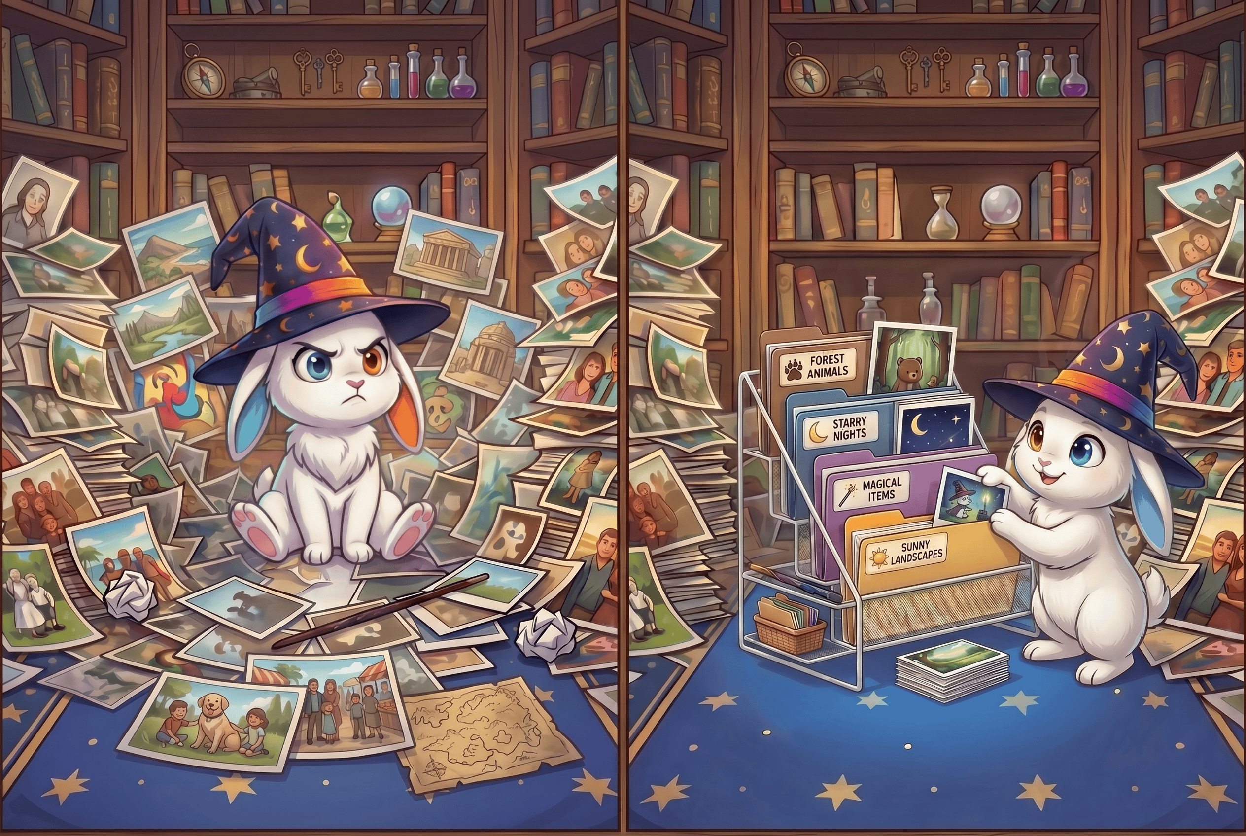 Illustration of Wando's wizard-rabbit sorting scattered photos into labeled, organized shelves