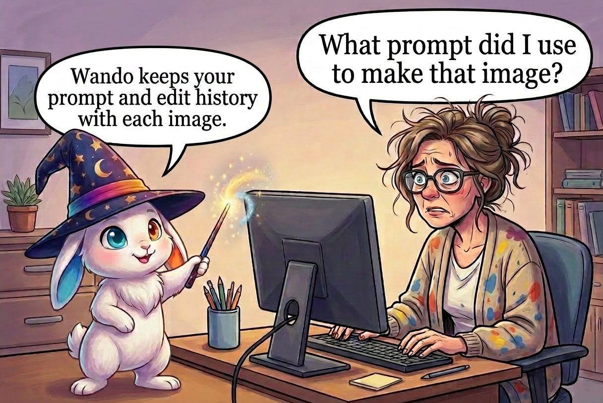 Whimsical wizard-rabbit illustration for Wando's time-saving workflow tools