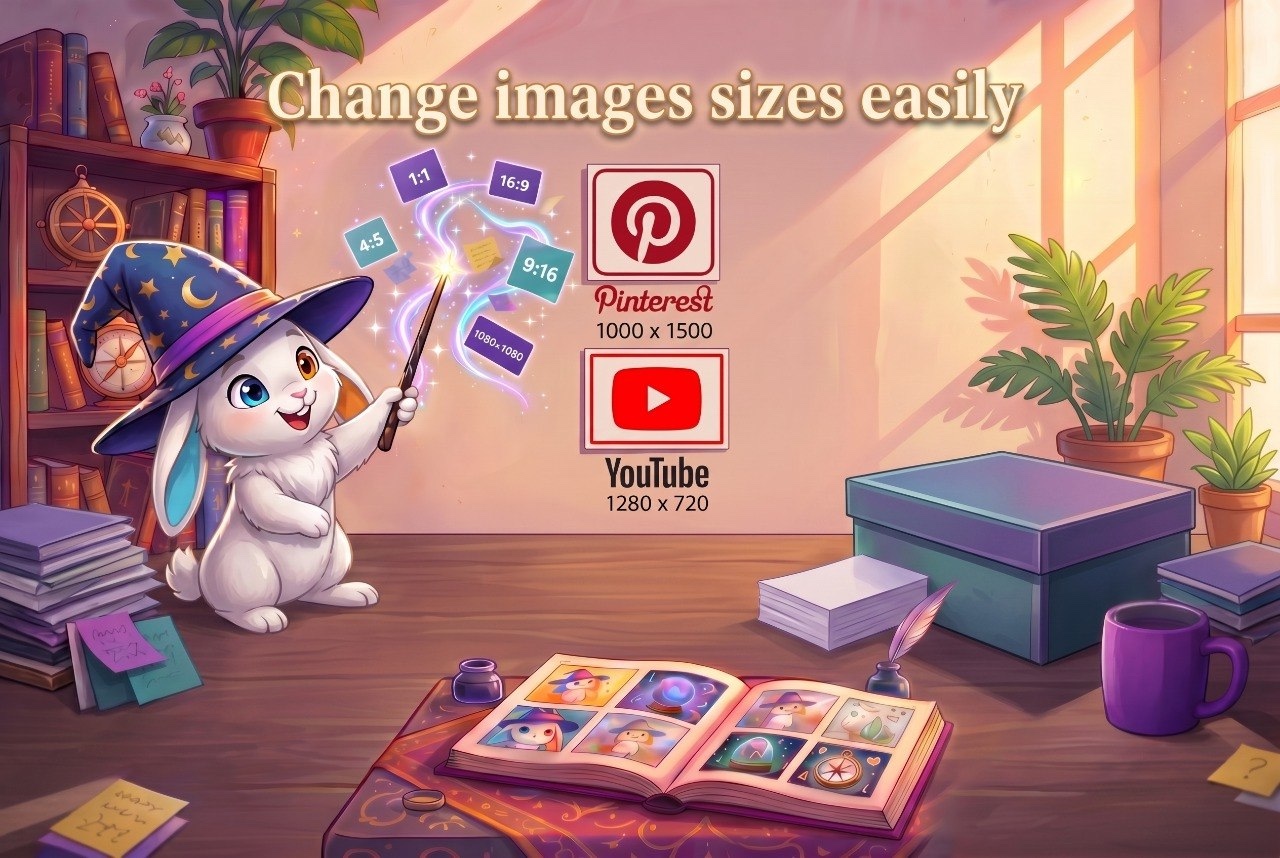 Illustration of Wando's wizard-rabbit creating and editing images at a desk