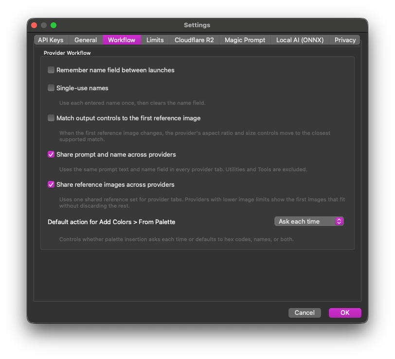 Wando workflow settings and customization panel